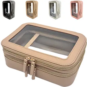 Clear Makeup Bag Dual Compartment Cosmetic Case Organizer Transparent Toiletry Bag Train Case TSA Approved Beige Zipper