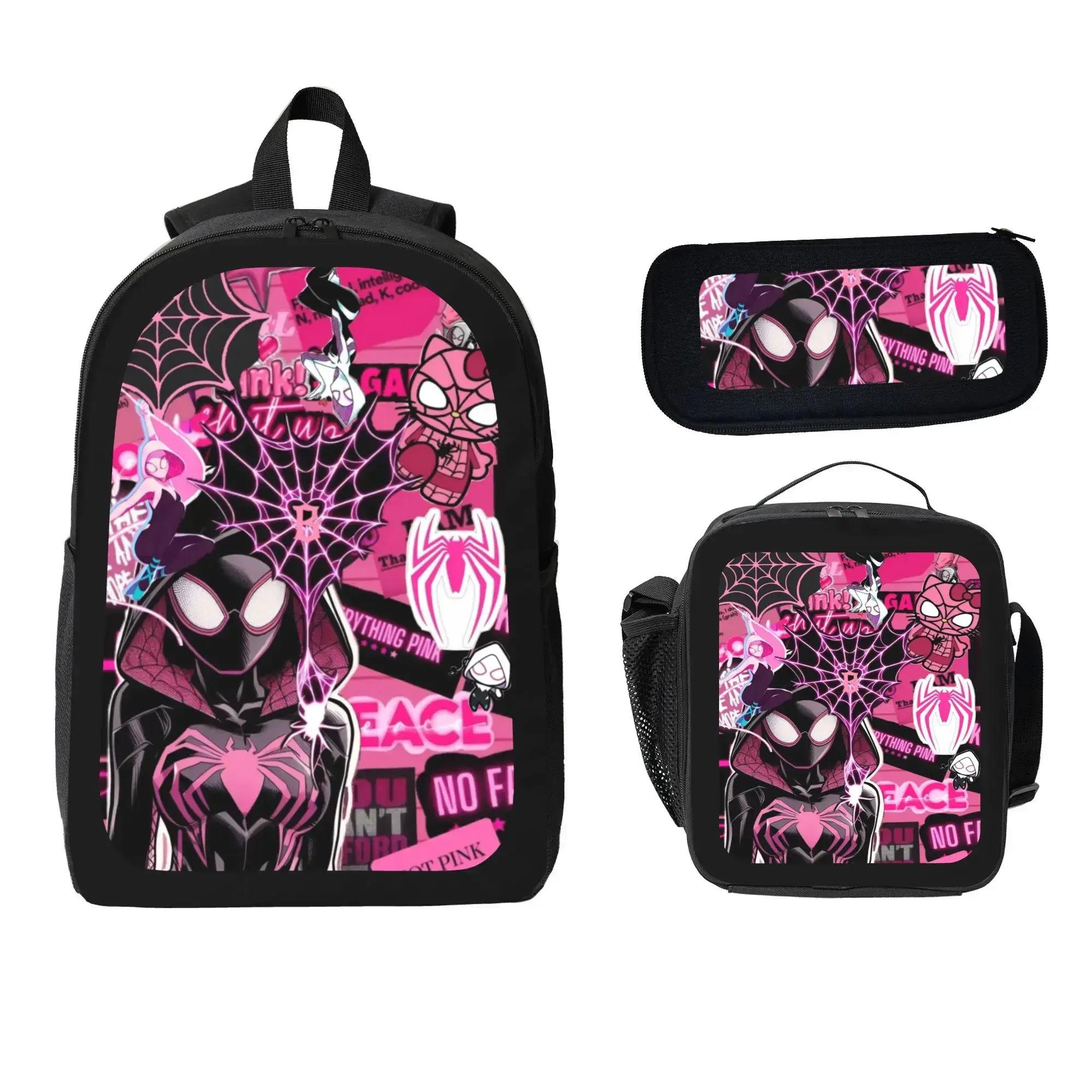 Pink Spider-Man themed 3-piece set (includes backpack, lunch bag, and pencil case); features a lightweight, high-capacity design made from 600D Oxford fabric, complete with adjustable shoulder straps and a comfortable, breathable mesh back panel.