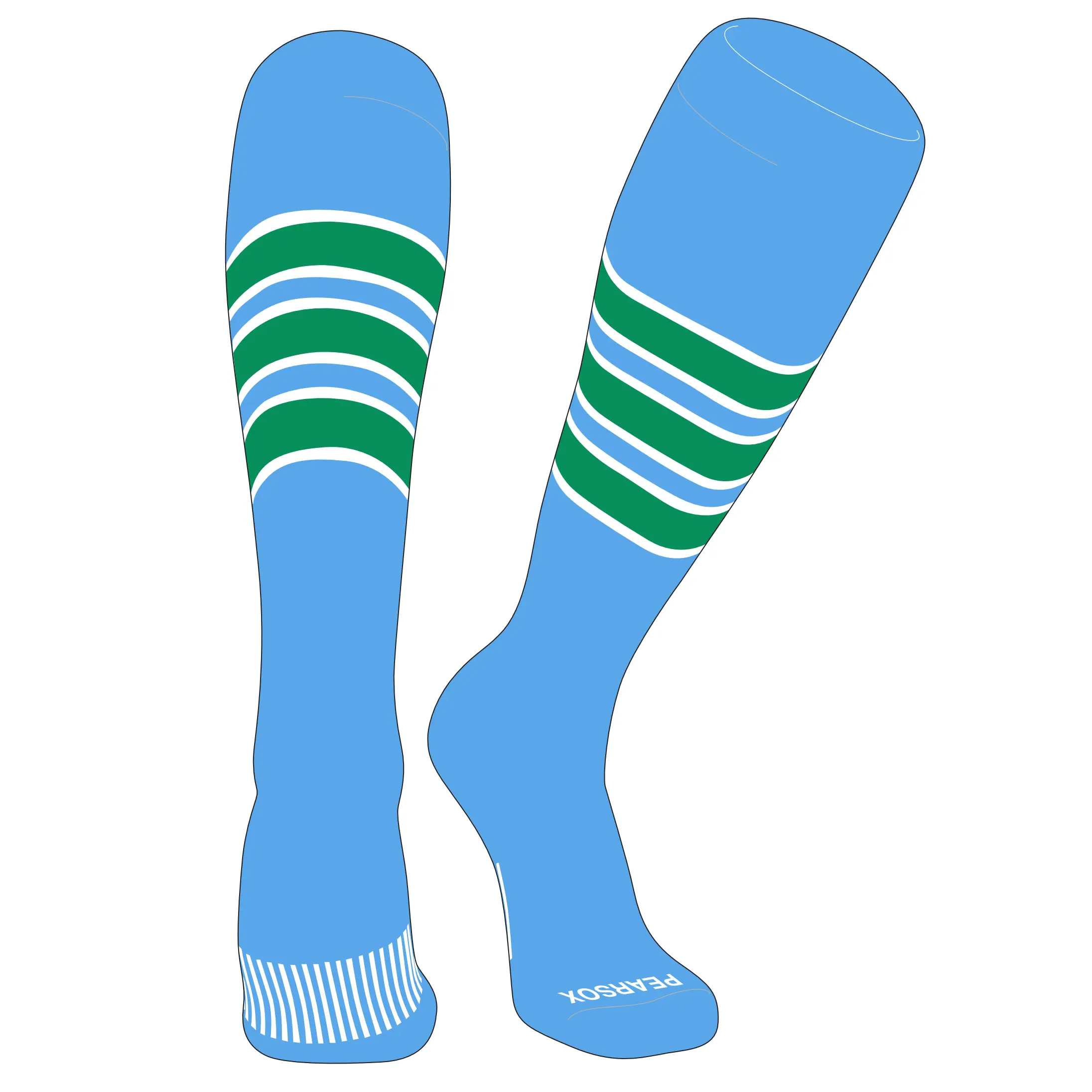 Pear Sox Striped Knee High Baseball, Football Socks (C) Sky Blue, White, Kelly Green
