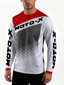 Men's Three-Color Patchwork Moto-X Print Off-Road Motorcycle Long Sleeve Top, Casual Loose-Fit, All Seasons, Casual Sports Top