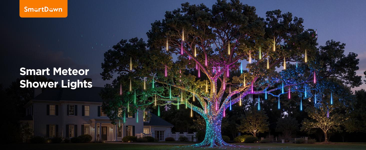 Smart Meteor Shower Lights Outdoor, 16Tube 256LED 24.6ft Color Changing Dripping Icicle Christmas Lights for Outdoor Outside, APP Controlled RGB Customize Display DIY Dynamic Lighting Effec