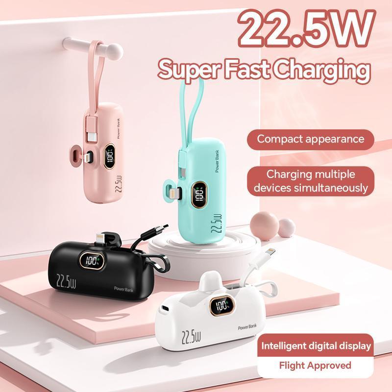 2 in 1 5000mAh 22.5W Mini Portable Charger Power Bank with 3 Output Ports, 5000mAh Fast Charging Battery Pack with LED Display-5000mAh Mini Portable Charger Power Bank for phone, 22.5W Fast Charger with 3-Output and Digital Display, Lightwight and Compact