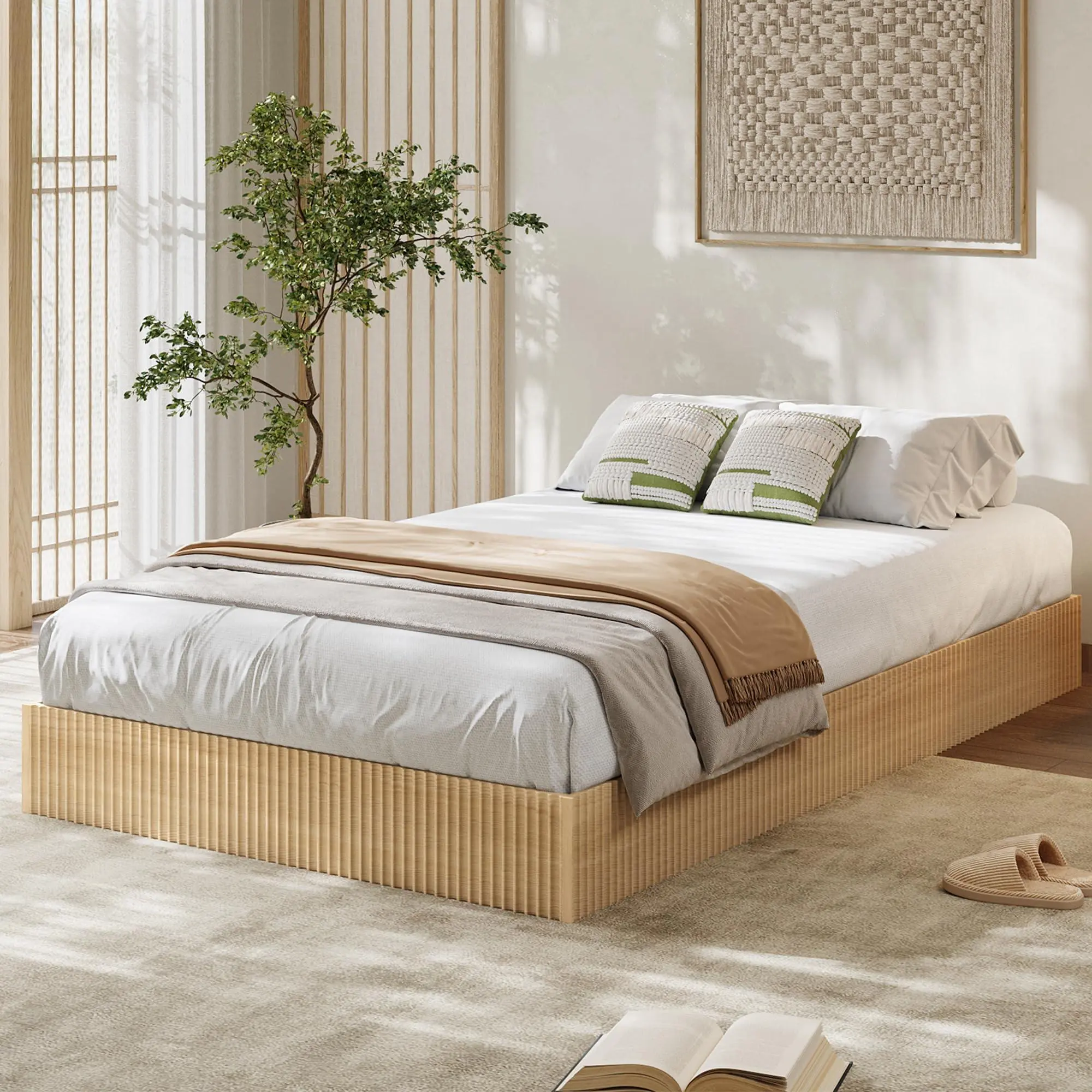 Garvee Natural Oak Twin-XL Size Bed Frame, Wood Platform Bed with Fluted Design, Low Profile BedFrame, Minimalist Bed Base with Noise-Free, Easy Assembly, No Box Spring Needed