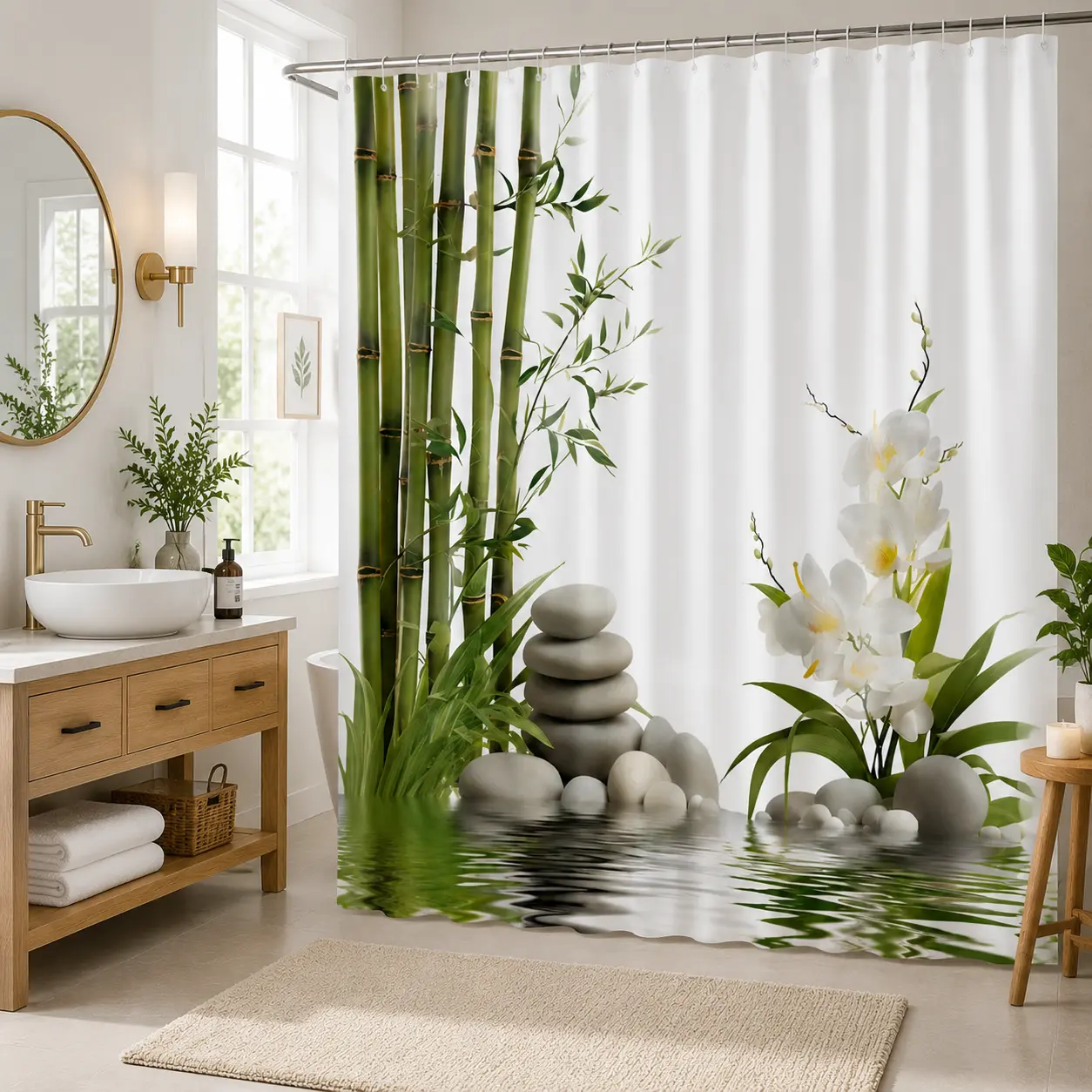 Polyester Nature-Inspired Shower Curtain - Bamboo, Orchid, Stone Designs - for Modern Bathrooms