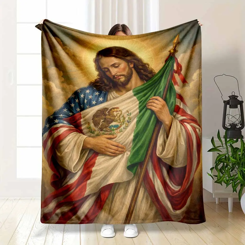 Jesus Mexico Flag Flannel Blanket Patriotic Christian Faith Print Soft Cozy Lightweight Warm Throw for Sofa Bedroom Prayer Room Church Holiday Gift Meditation Decor