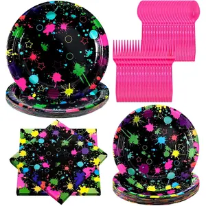 100 Pcs Neon Party Supplies for 20 Guests, Glow in The Dark Plates and Napkins Set, Neon Party Decorations, 80s 90s Party Supplies for Birthday Baby Shower