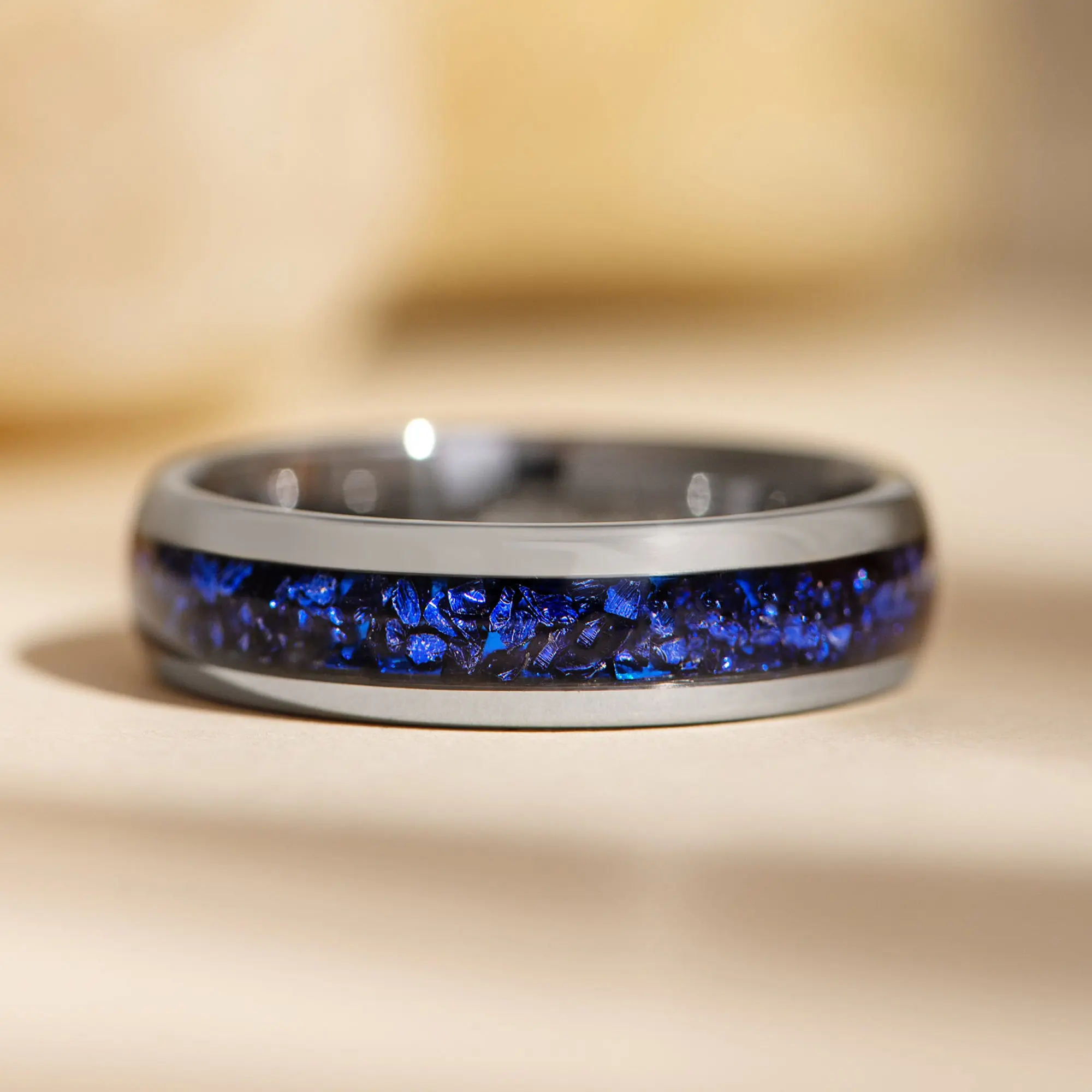 Silver Tungsten Ring with Blue Lab-Created Sapphire Inlay - 6MM