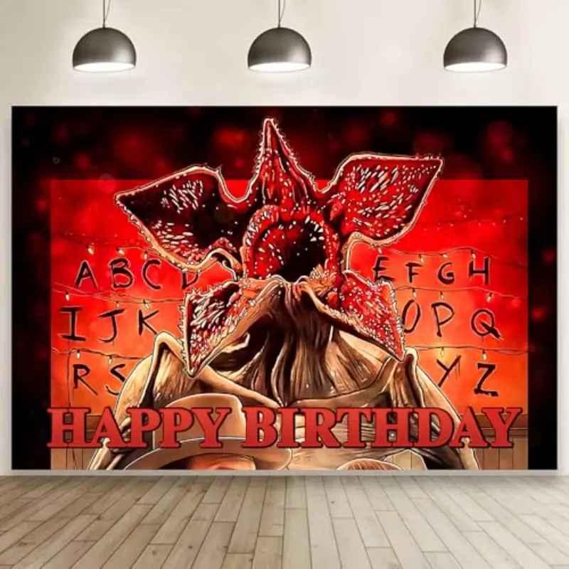 Stranger Demogorgon Birthday Banner Decoration, Happy Birthday Decorative Backdrop, Flat 2D Party Supplies, Birthday Decorations, No Power Required Pull Flag Banner, Perfect for Birthdays