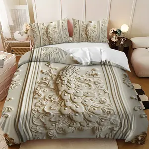 Bedding 3-piece set - 3PCS,White Embossed Peacock Pattern Down Comforter Set (1 comforter cover + 2 pillowcases, filling not included) -soft and comfortable, suitable for family bedrooms.