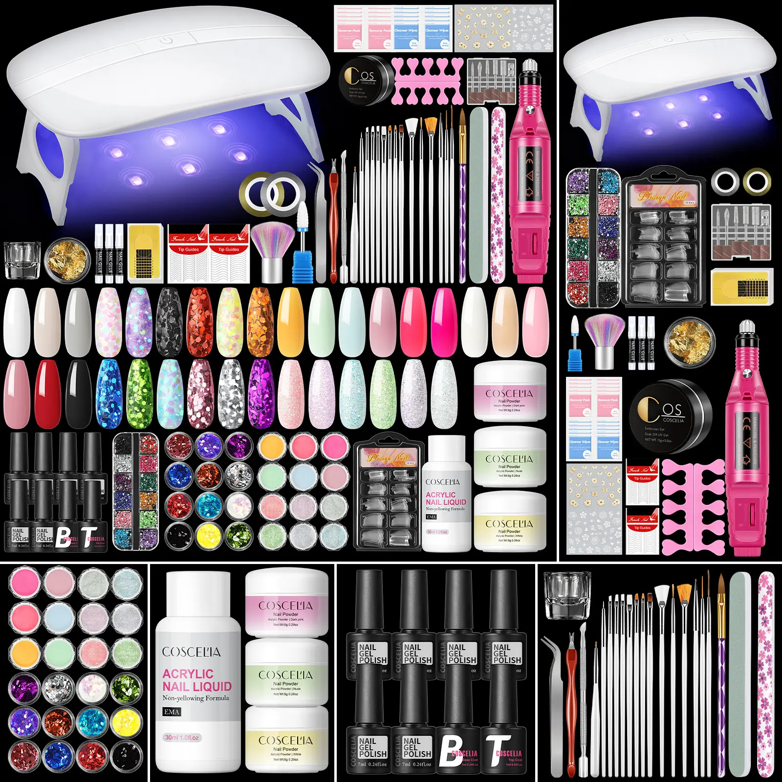 COSCELIA Acrylic Nail Kit for Beginners, Complete UV Gel Set with Nude Powder and Lamp for Manicure, Includes Glitter, Pearl & Chrome Decorations