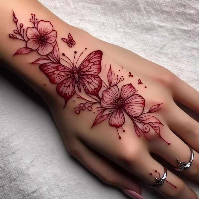 (6 Temporary Stickers with 3 Items & 3 Random Designs)Tattoo Sticker, Minimalist and Stylish, Dark-Themed Red Butterfly with Pure Desire Design