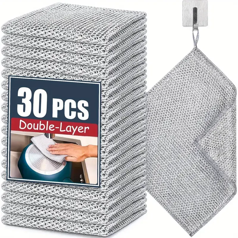 30 Packs of High-Quality Stainless Steel Wire Dishwashing Cloth, Double-Sided Kitchen Utensil Washer, Non Greasy And Stain Remover, Suitable for Kitchen Stoves, Pots, Sinks, Durable, Reusable Cleaning Products, Multi-Purpose Cleaning Agents