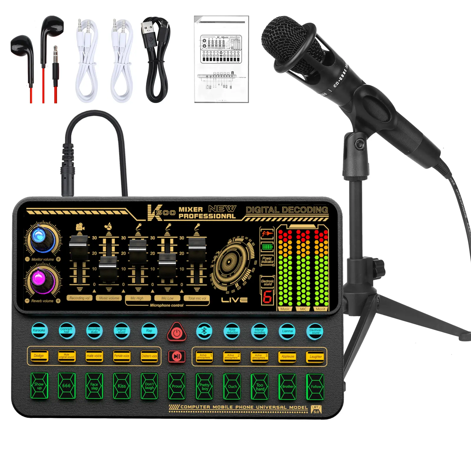 Hosabely Sound Mixer, Live Sound Card with Volume Fader, Voice Changer, Sound Effects,  for Karaoke, Streaming, Recording, Gaming Audio Interface mini microphone household items phone accessories household items mini microphone Smartphone, Audio Amplifier