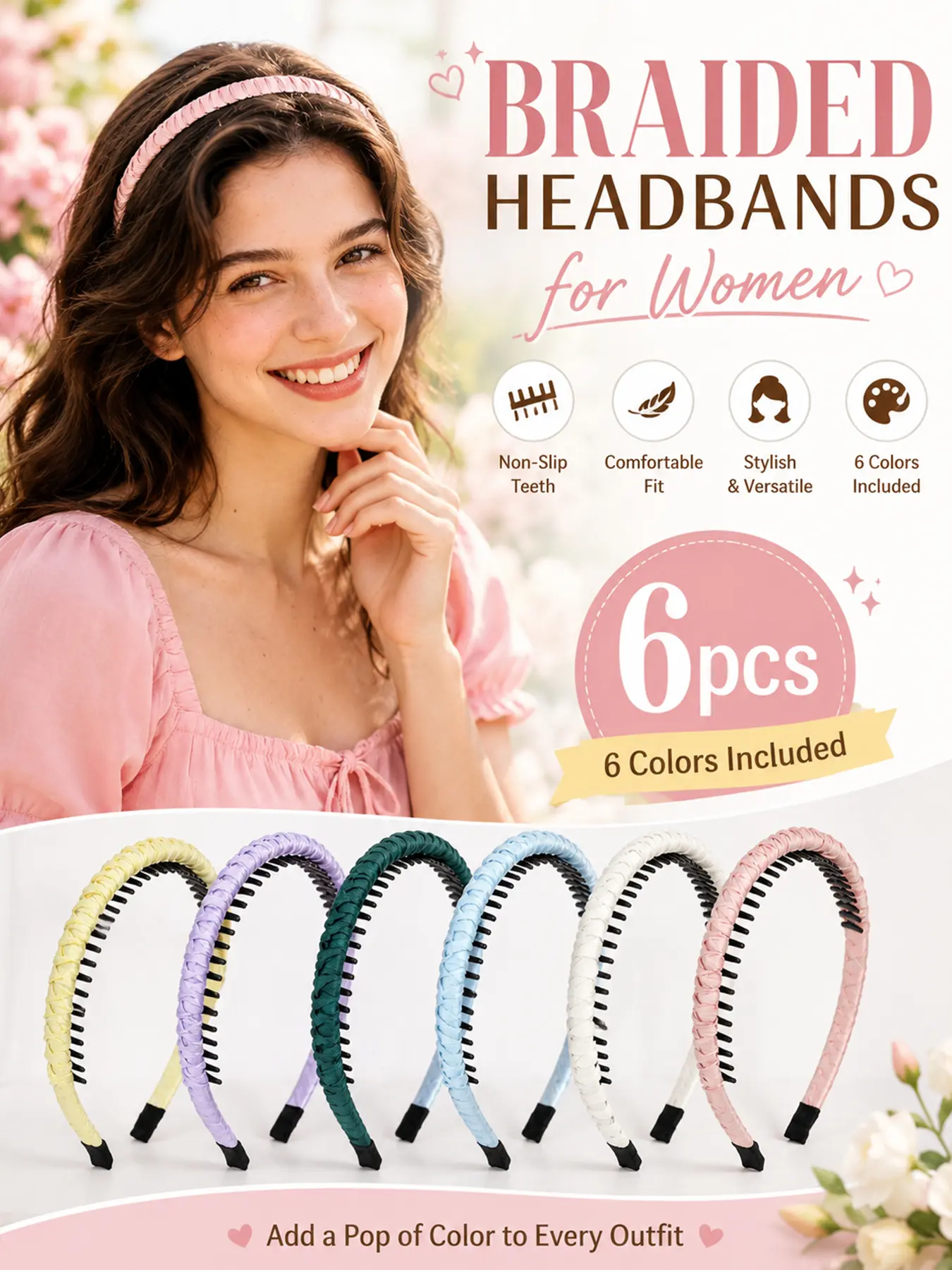 6Pack Braided Headbands for Women, Stretchy Headbands, Wide Non-slip Thin Headband with Teeth Twisted Boho Hair Accessories, Multiple Colors, Soft and comfortable, suitable for makeup, washing face, daily wear, Hairbands
