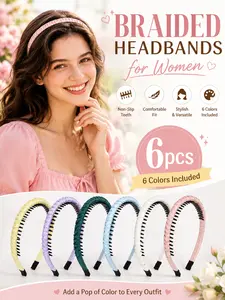 6Pack Braided Headbands for Women, Head Bands for Women's Hair Wide Hairband Non slip Thin Headband with Teeth Twisted Boho Hair Accessories, Multiple Colors, Soft and comfortable, suitable for makeup, washing face, yoga, work, daily wear