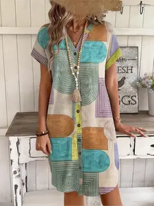 Women's Geometric Print Notched V-Neck Dress, Casual Fashion, Elegance, Perfect for Daily Wear & Stylish, Ideal Gift Choice