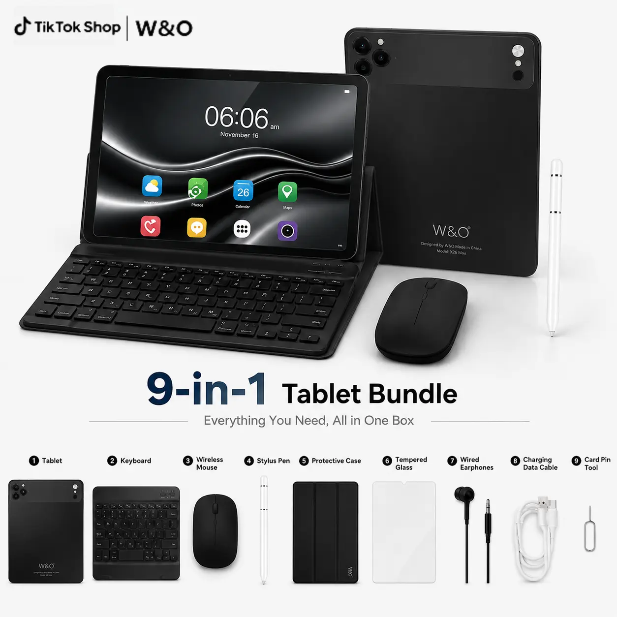 W&O 11-Inch Android 15 Tablet 2026, 12GB RAM + 256GB Expandable Storage, 10000mAh Battery, 5G WiFi, Dual Camera, Large Screen Portable Tablet with Keyboard, Mouse, Case & Stylus for Office, School, Entertainment, Travel and Gift Giving