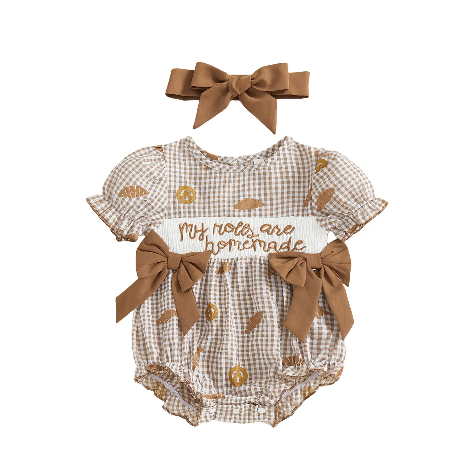 Baby Girl Smocked Bubble Romper, Loose Fit Plaid Cotton Blend Thanksgiving Outfit with Turkey Embroidery and Matching Headband, Baking, Polyester, Crew Neck, Button, Newborn Outfits, Baby Girls Clothing, Holidays, Romper Set, Plaid Print, Fun Themed Bodys