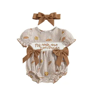 My Rolls are Homemade Thanksgiving Baby Girl Outfit Embroidery Smocked Bubble Romper Turkey Bread Short Sleeve Plaid Bodysuit with Bow-knot Cute Newborn Clothes