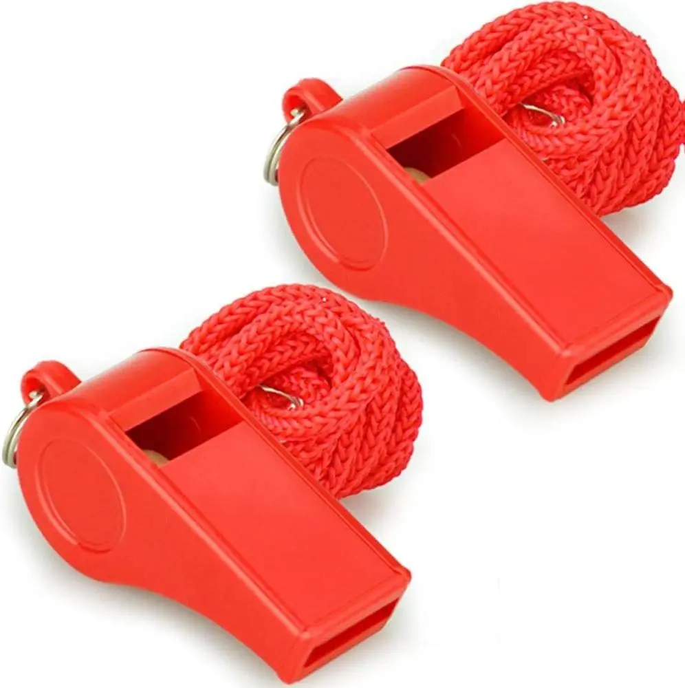 Red Emergency Referee Whistles with Lanyard - 2-Pack Plastic Whistles, Loud Crisp Sound, Ideal for Lifeguard, Self-Defense, Referee Whistle
