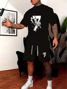 Men's Summer Tropical Fashion Casual Wear Short Sleeve Shorts American Street Style Menswear Set Printed with Personalized "Cristiano Ronaldo No. 7 Silhouette" Print Pattern Summer Personalized Two Piece Set