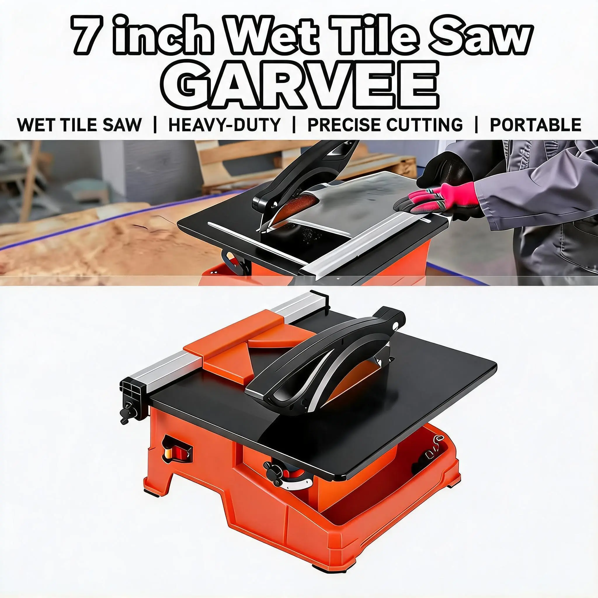 【GARVEE】7 inch Wet Tile Saw, 6500 RPM & Pure Copper Motor, Bevel cuts tile from 0 to 45, Tile Cutter Wet Saw with Water Reservoir for Cutting Tiles and Stones, for DIY Enthusiasts