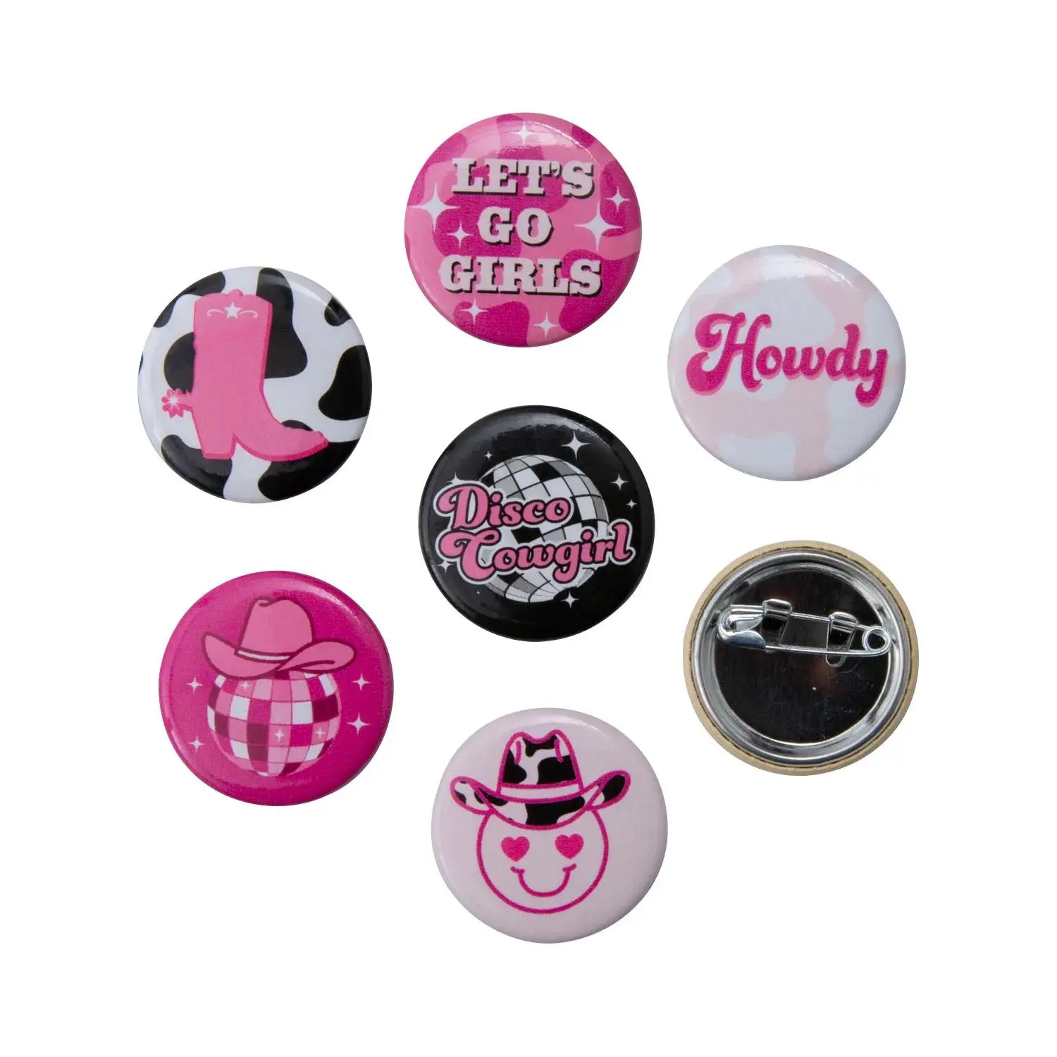 Disco Cowgirl Graphic Mini Pin Set, 48 pc 1 Inch Metal Brooch Buttons for Women's Bachelorette Party & Birthday Favors, Multicolor, Whimsical, Collectibles, Funny, Western, Pinback