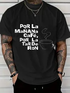 Black T-Shirt with Por La Mañana Café, Por La Tarde Ron Print - Ideal for Casual Wear and Coffee Lovers