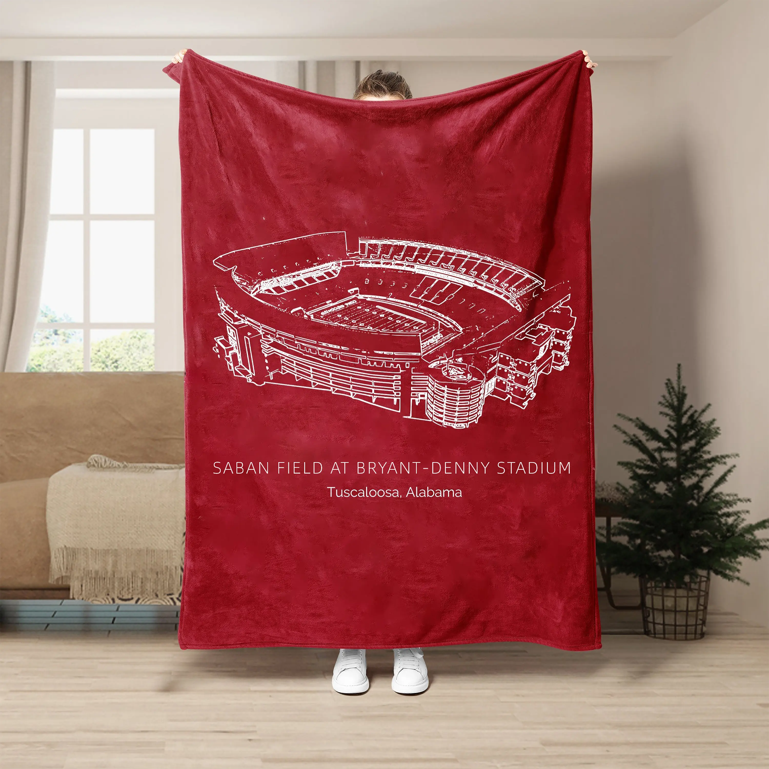 Saban Field Bryant-Denny Stadium Flannel Blanket - Tuscaloosa College Football Throw - Alabama Sports Fan Gift - Game Day Room Decor