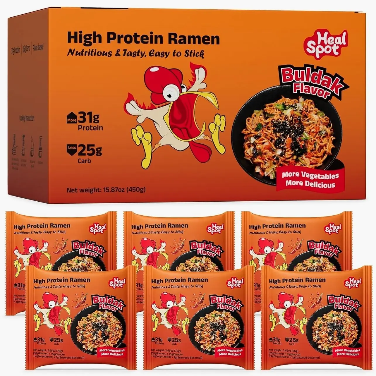 Healspot High Protein Spicy Buldak Noodles, Dry Tossed Ramen, 30g Plant-Based Protein, Low Fat, Low Carb, Non GMO, Keto Friendly & Plant Based (6 packs)