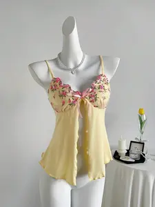 OFFGIRD x Sweetra Women's Yellow Mesh Floral Embroidery With Pink Bow Decor Vacation Casual Romantic Fitted Camisole, Spring/Summer