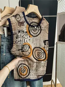 1 piece + Spring/Summer Back-to-School Casual Style Loose Round-neck Sleeveless Knitted Color-Contrasting Dark Blue Edged Patchwork Geometric Print Spring Women's Knitted Top for Outfit, paired with a vest, can be worn alone, Womenswear