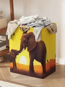 An open storage box with an elephant pattern print, a foldable storage and laundry basket, a storage bag with a handle, suitable for home use in the bathroom, and a foldable laundry basket for dirty clothes storage