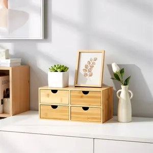 4-Drawer Bamboo Desktop Organizer with Full Extension Drawers, Compact Storage Box with Top Platform for Phone & Stapler, for Office Study Room Bedroom Cosmetics Jewelry