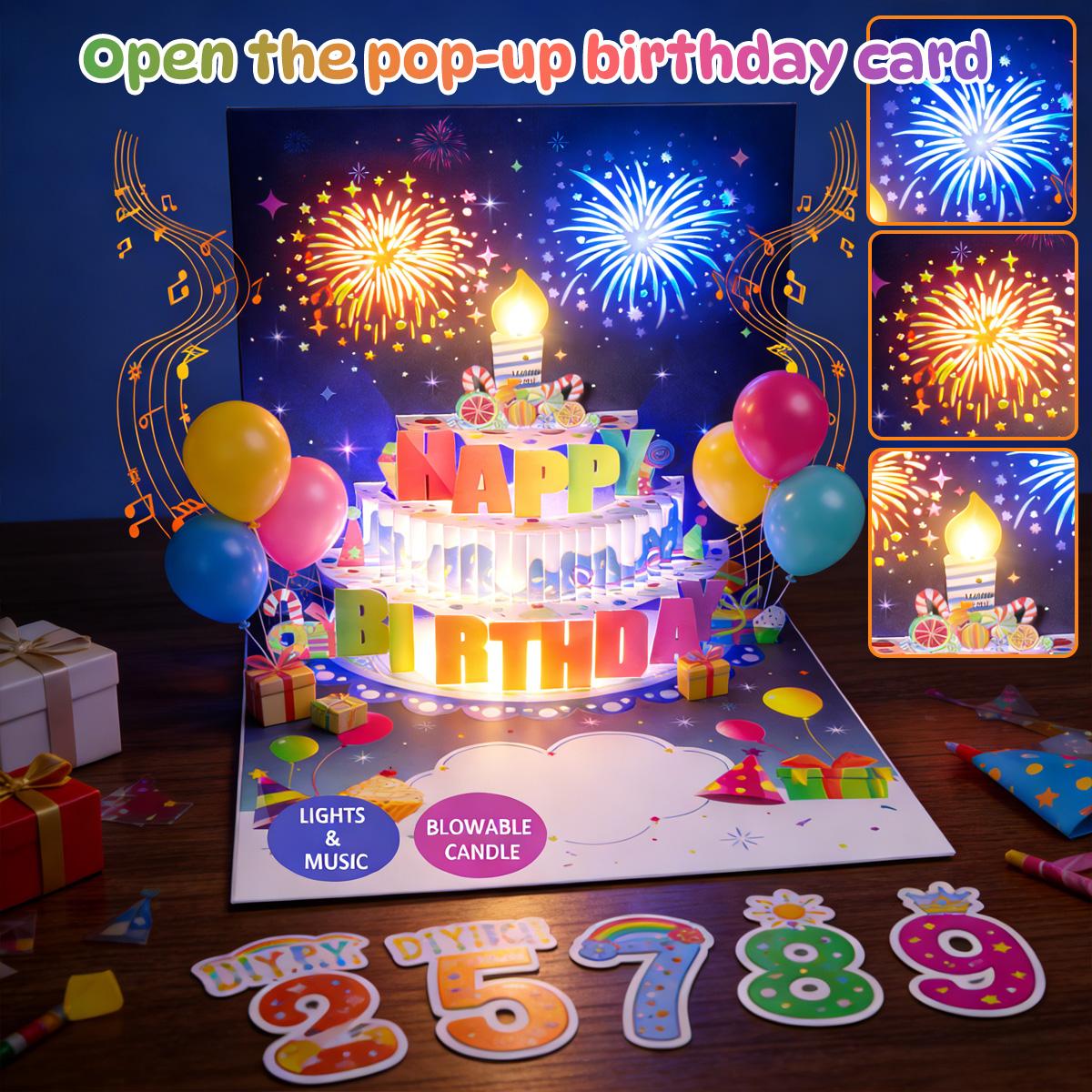 Blowable Firework Birthday Cards 3D Pop Up , Musical LED Lights Birthday Cards with Birthday Cake, Greeting Cards, Birthday Gifts for Mom Women Men Kids Child Dad Father Wife