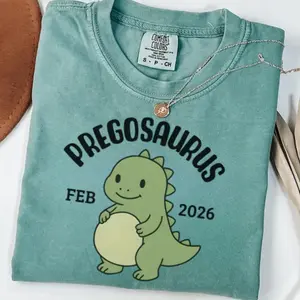 Comfort Colors Pregosaurus Pregnancy Shirt with Custom Due Date, Baby Announcement Shirt, Funny Pregnant Tshirt, Cute Maternity Dino Gift