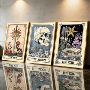 3Pcs Aluminum Alloy Framed Painting, Vintage Tarot The Sun The Moon The Star Picture, Home Decoration For Living Room, Bedroom, Office, Restaurant, Hallway Wall Decor, Odorless Print Artwork, Luxury Perfect Gift For Friends And Family