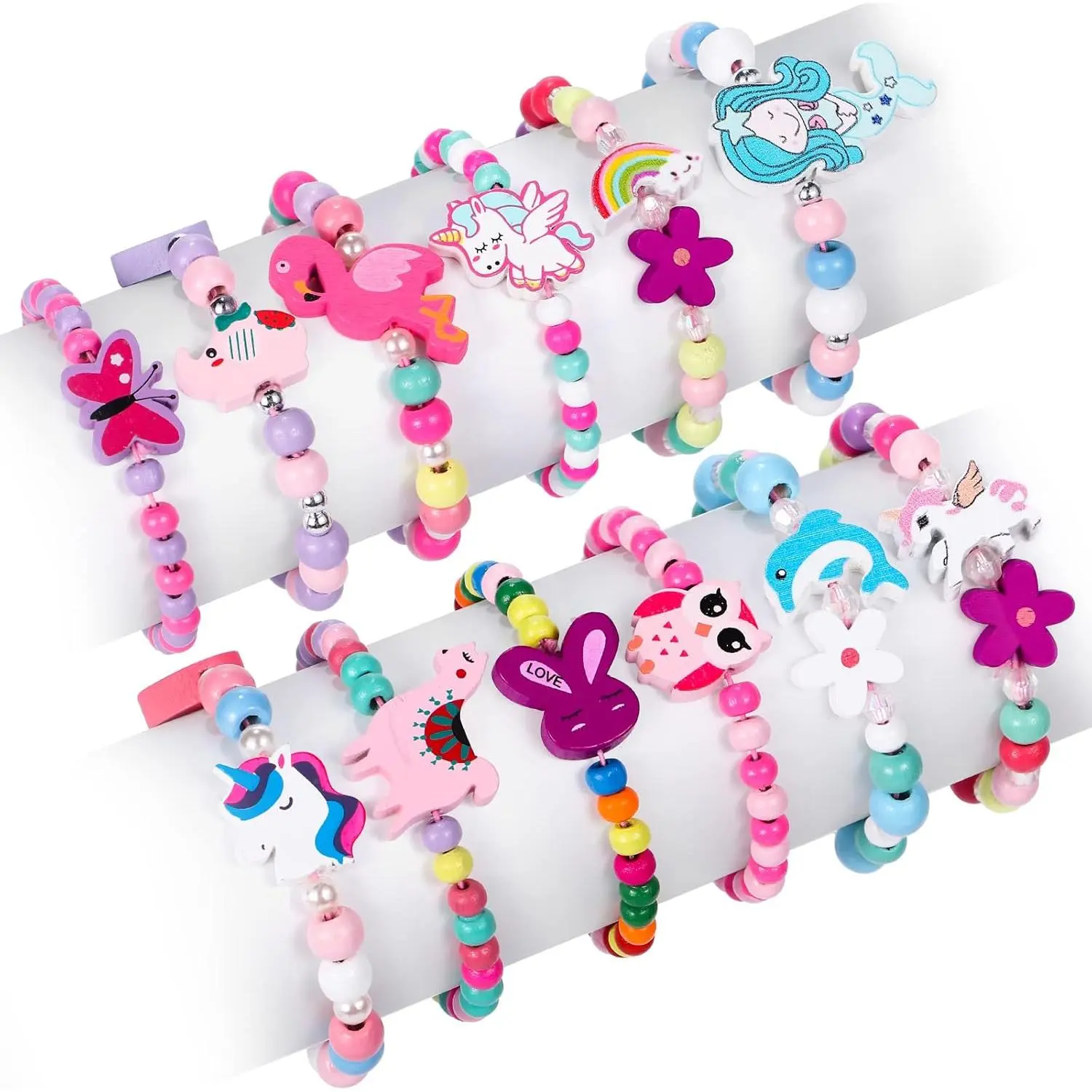 12 Pcs Girls' Wooden Bead Bracelets, Stretchable Arm Candy with Unicorn & Animal Charms, Female Meaningful Gifts for Daily Wear, Birthday Party Favors, Kids Party Favors, Casual Wear, Most Ages