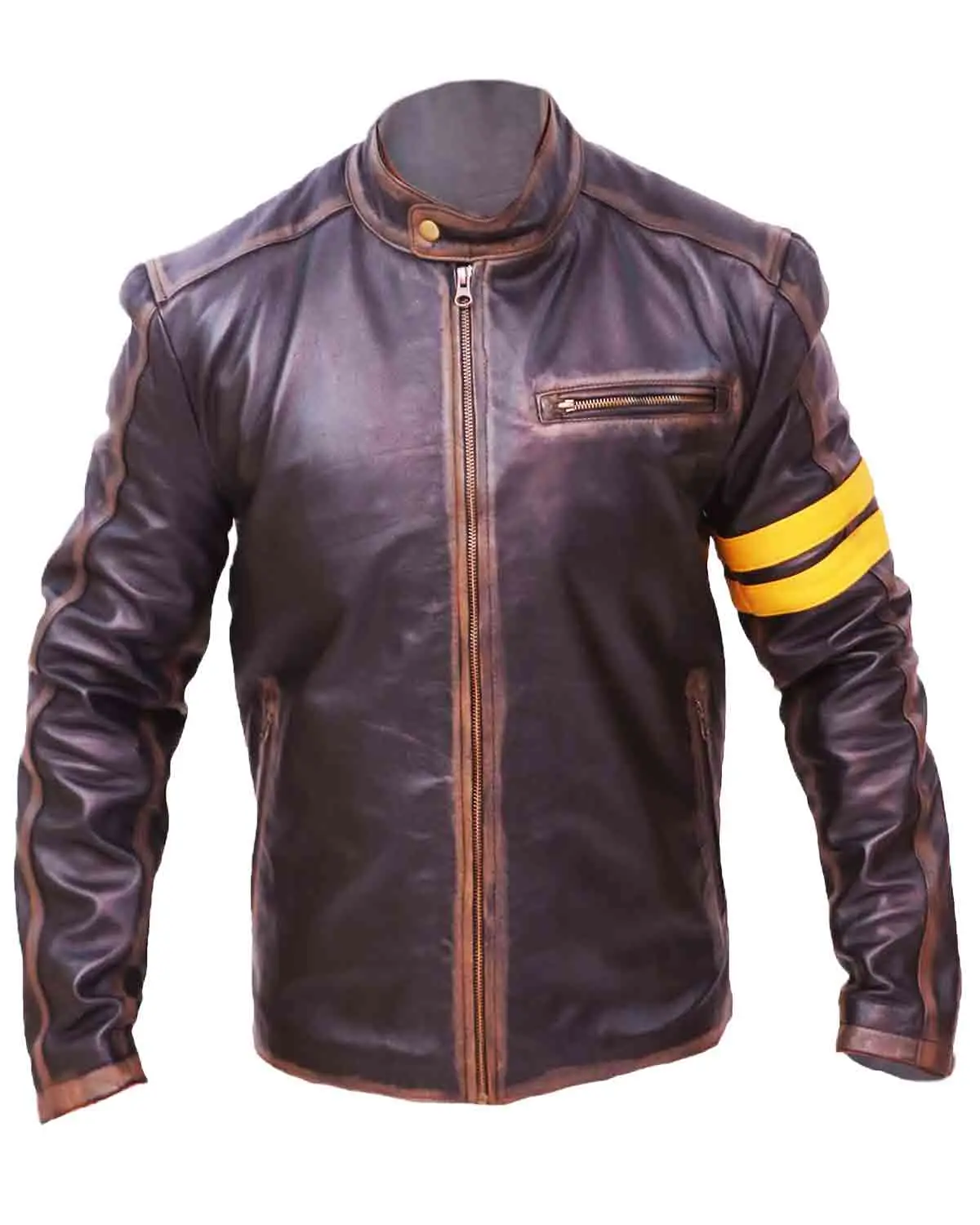 MotorCycleJackets Men's Black Cafe Racer Leather Jacket With Yellow Strip