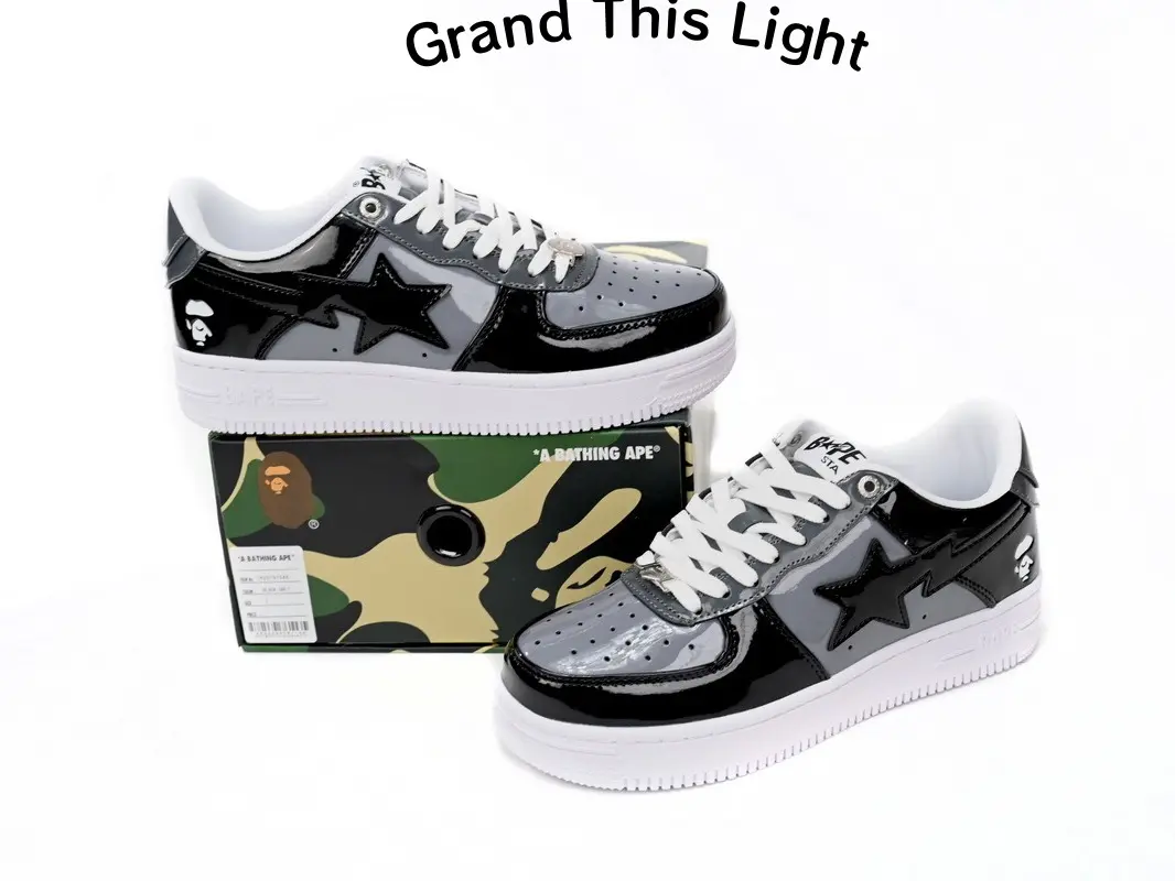 Lightweight vintage trainer sneakers use breathable perforated glossy patent leather, solid black patent leather upper with thick white contrast laces, flexible thick white gum rubber outsole, ideal for campus walks, skating and weekend hangouts