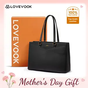 【Mother's Day Gift】LOVEVOOK ELEVATE Series Top-Grain Leather Tote--100% Cowhide Casual Commuter Bag with V-Neck Design & Laptop Compartment Perfect for Office & Business Travel Summervibes