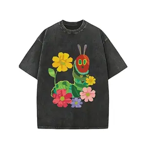 Vintage Retro Acid Wash The Very Hungry Caterpillar Graphic T Shirt Eric Carle Inspired Floral Print Unisex Oversized Streetwear Y2K Heavyweight Cotton Tee Nostalgiacore BookTok Aesthetic Cottagecore Summer Trendy Top For Men And Women