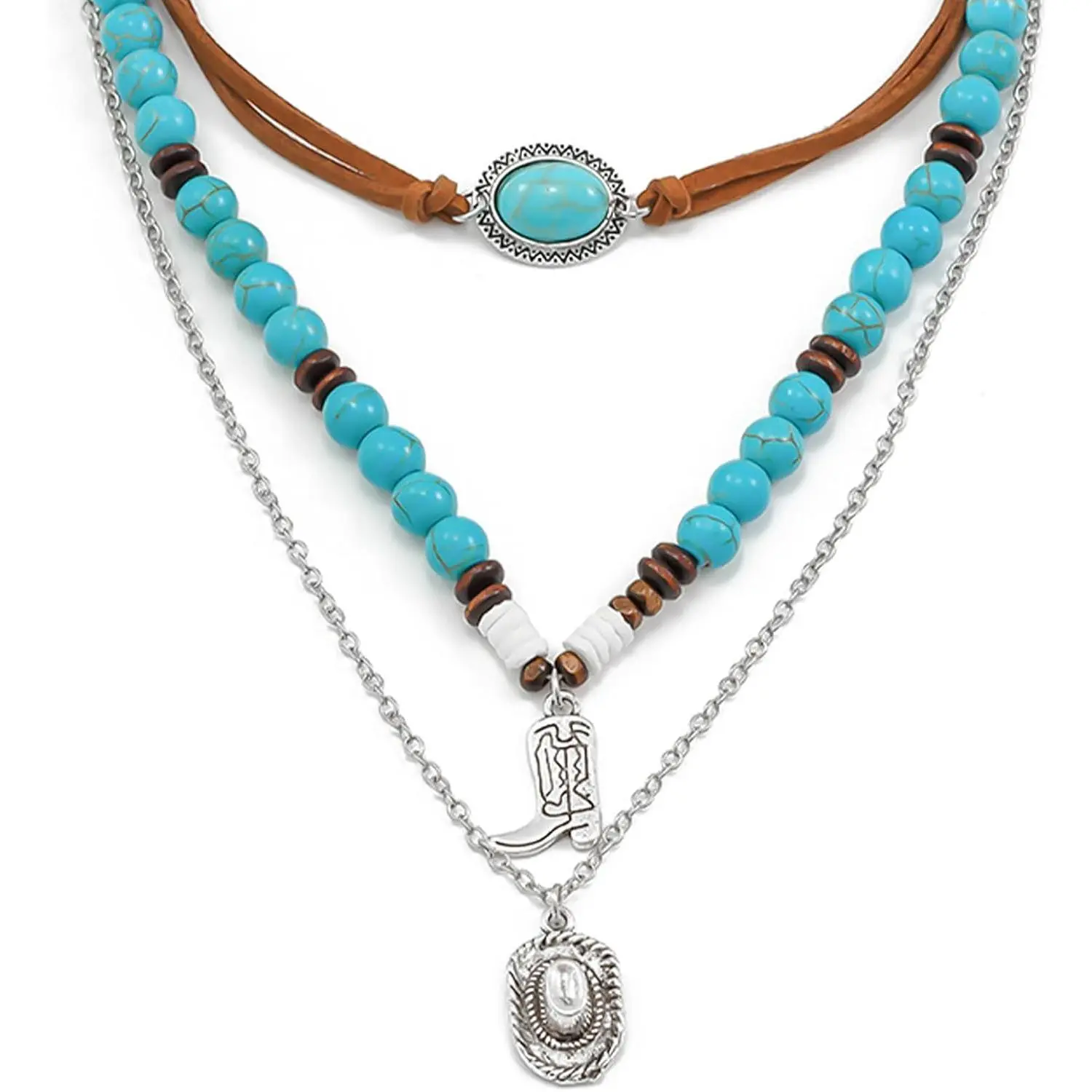 HETICA Turquoise Layered Necklace for Women Western Cowboy Boot Oval Pendants Necklaces Turquoise Beaded Choker Jewelry