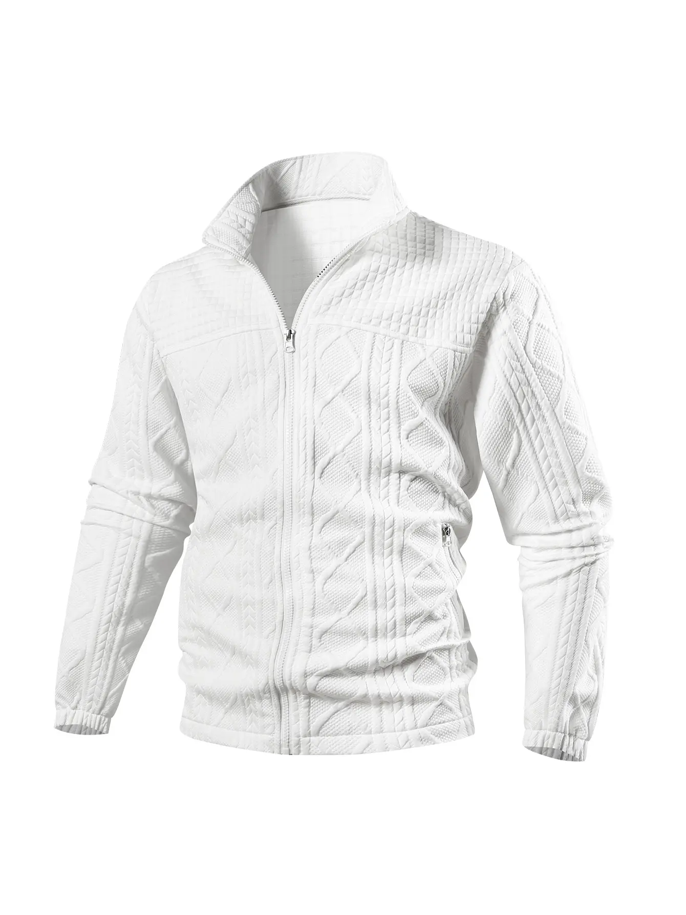 Men’s solid white zip jacket with stand collar, elastic cuffs, zippered pockets, soft stretch texture, casual outerwear