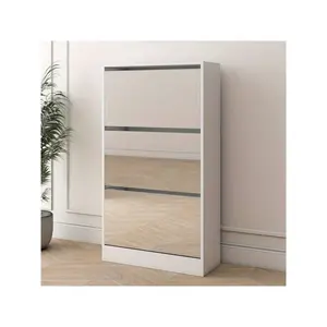 Special sale  Narrow Locker With Mirror Wooden Slim Rack 3 Tier Home Apartment Shoe Storage Box White