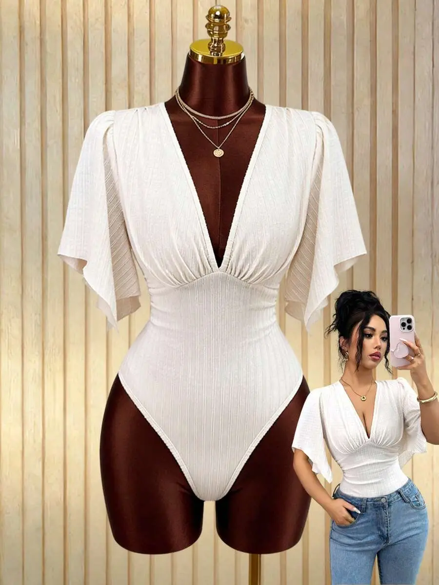Velia x [FS] Elenzga New V-Neck Knitted Textured Bust Pleated Ruffle Sleeve Waist Cinched Elegant Bodysuit For Women