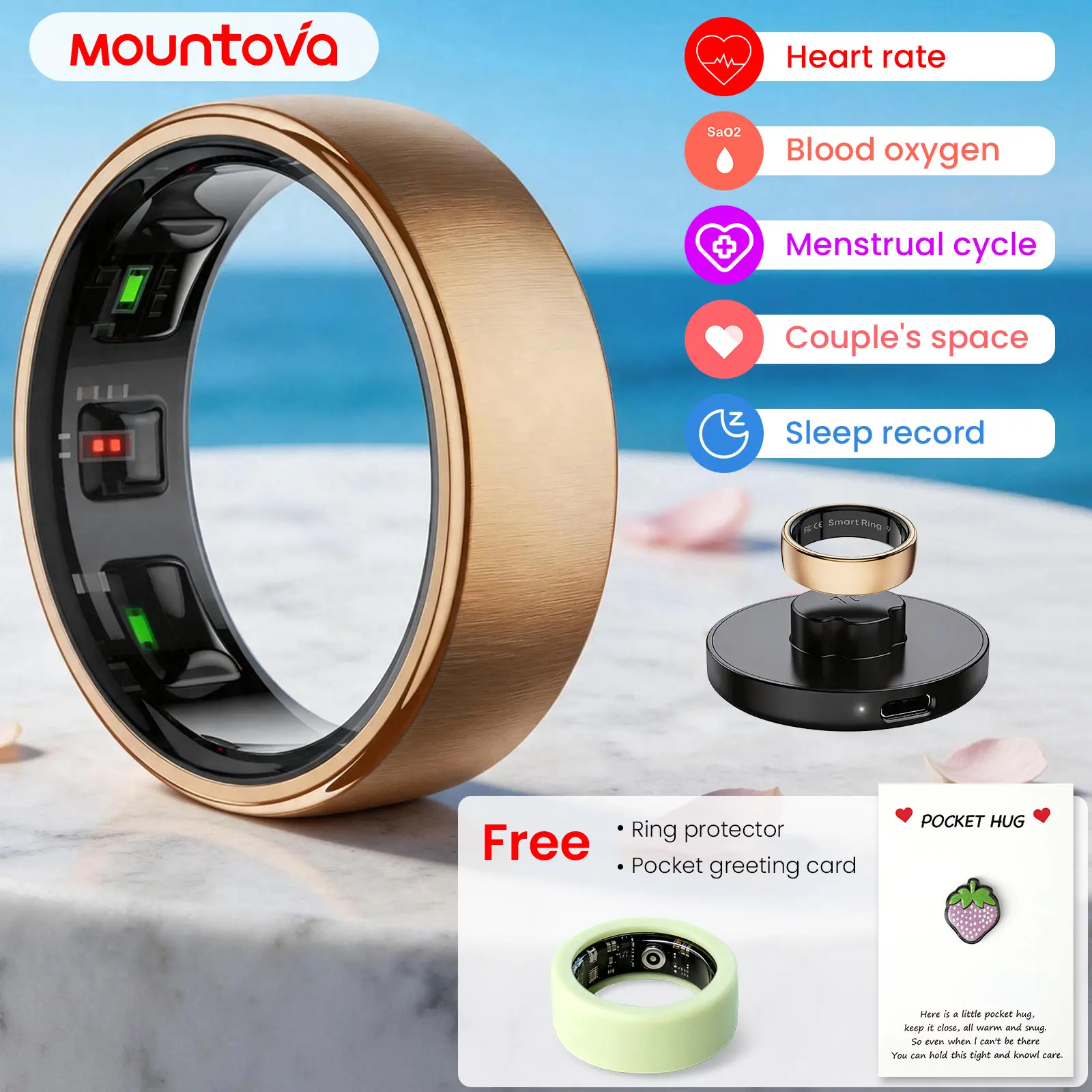 M5 Smart Ring for Women with Heart Rate Blood Oxygen Sleep Monitoring Pedometer Fitness Tracker and Exquisite Appearance Golden,  health management