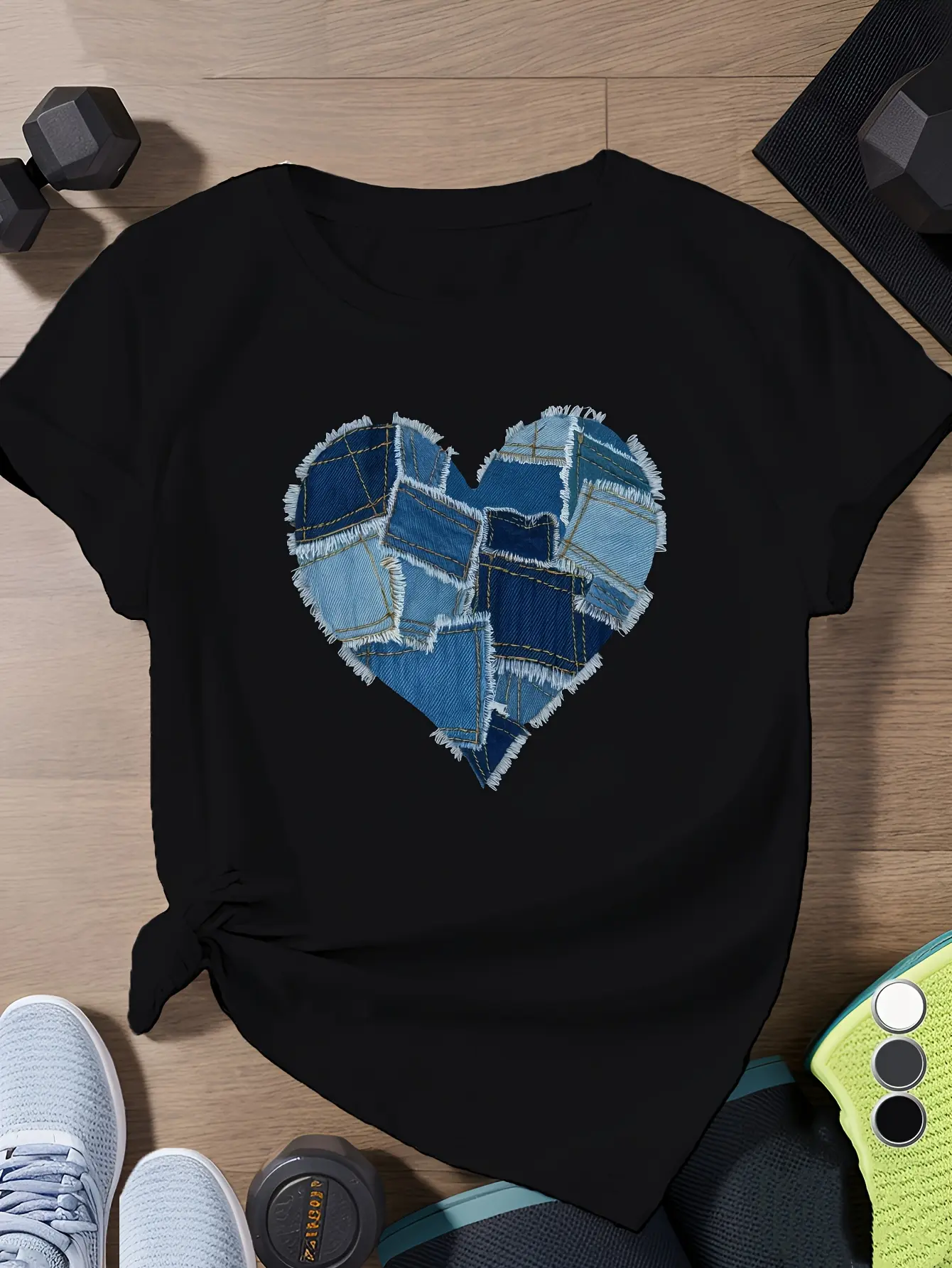 Plus Size - Plus Size - Casual And Short-Sleeve Tee for Plus-Size Women Featuring a Heart Patchwork Design, Made from  High-Quality Breathable Fabric, Ideal for Any Season.This Trendy T-Shirt Has a Ripped Denim Texture