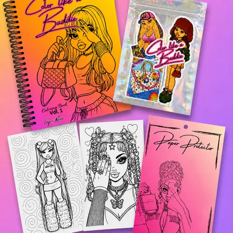 Color Like a Baddie Vol 1 Coil-Bound Adult Coloring Baddie Bundle Art Supplies Kit for Women - Pre-Printed Coloring Books, Art Stickers, Journal Stickers, Prints, Paper Protector, DIY Decal Film, Craft Supplies