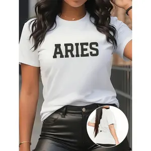 Women's Aries Zodiac Graphic T-Shirt - White with Bold Black Astrology Print, Short Sleeve Round Neck Casual Top for Spring/Summer, Machine Washable Unisex Gift Idea, Spring Fashion, Trendy Design, Breathable Tee, Printed Shirt, S
